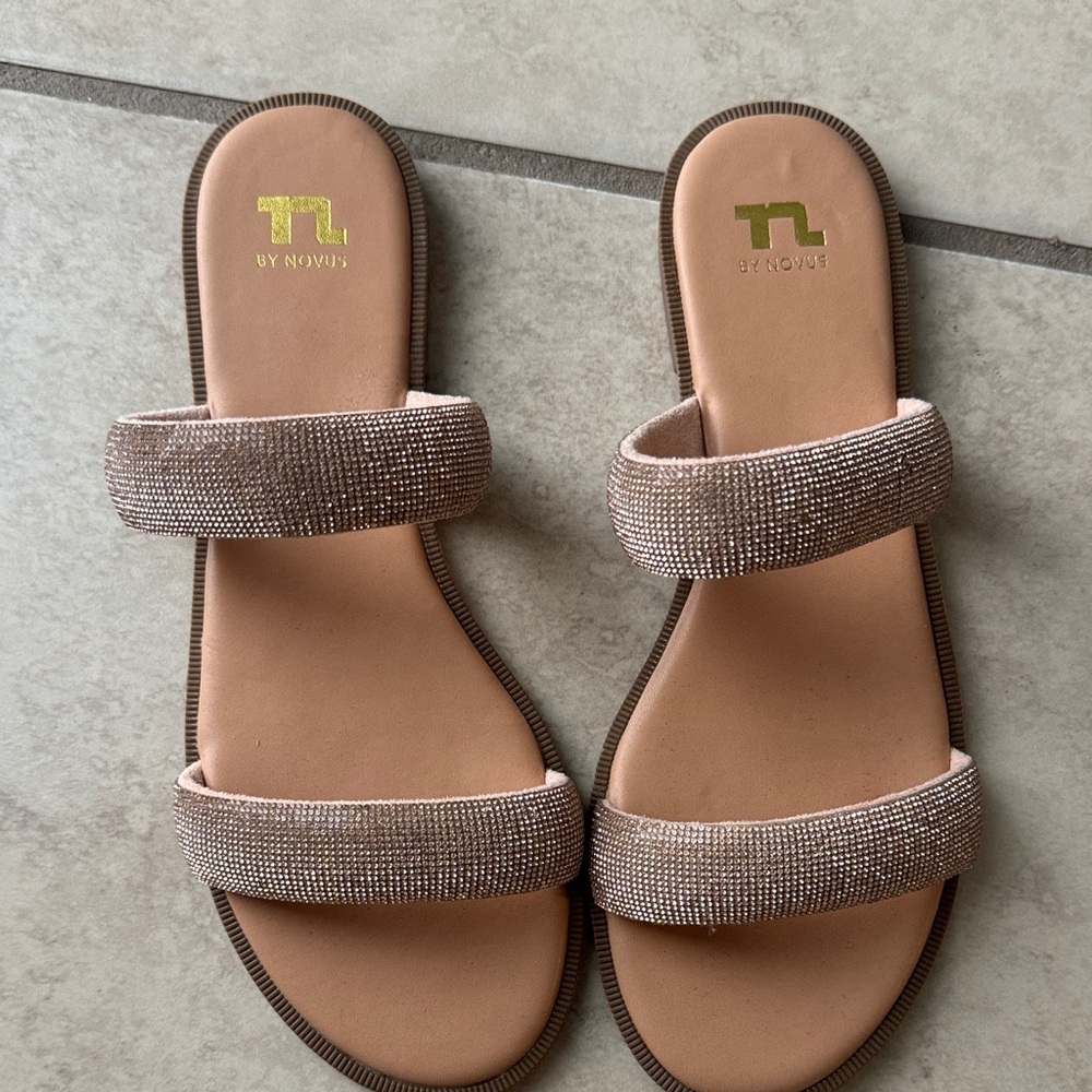 Crystal-Embellished Dual Strap Slide Sandals in Rose Gold